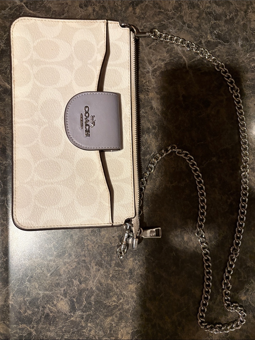 Coach Cream Signature Crossbody with Pale Lilac Tab and Silver Chain